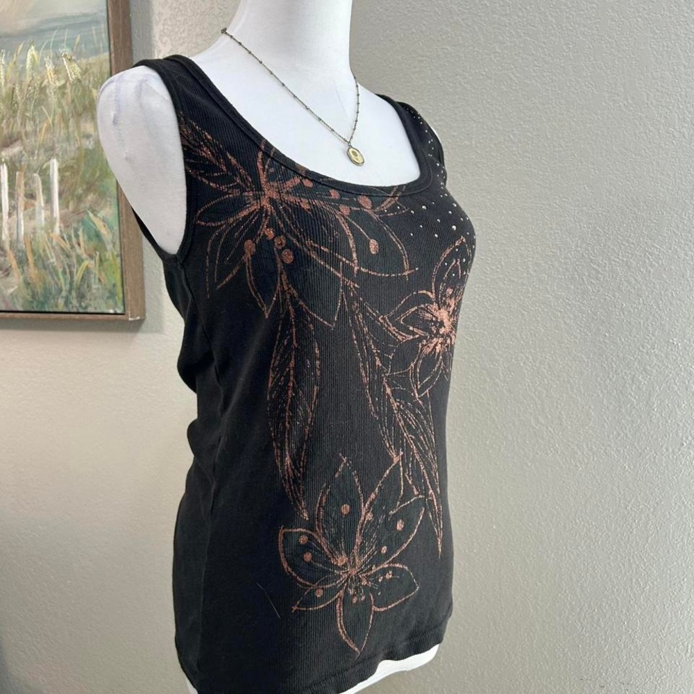 Y2K Rhinestone Floral‎ Tank Top – Black Copper Graphic - Size M/L - Picture 3 of 8